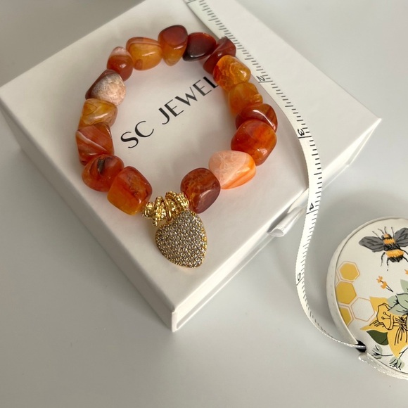Gemstone Bracelet | Handcrafted Orange Agate | 14k Gold Plated Luxury Jewelry - Picture 7 of 8
